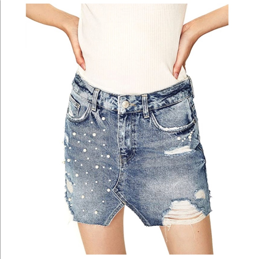 Zara Pearl Embellished Denim Skirt